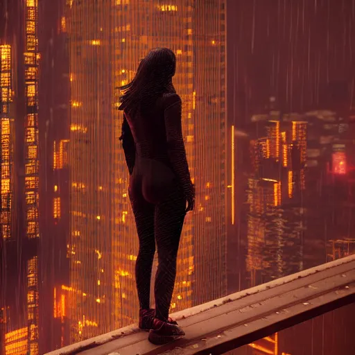 Image similar to a woman standing on the top of a building in a cyberpunk city, nighttime, raining, intricate artwork by Tooth Wu and wlop and beeple, octane render, hyper realism, 8k