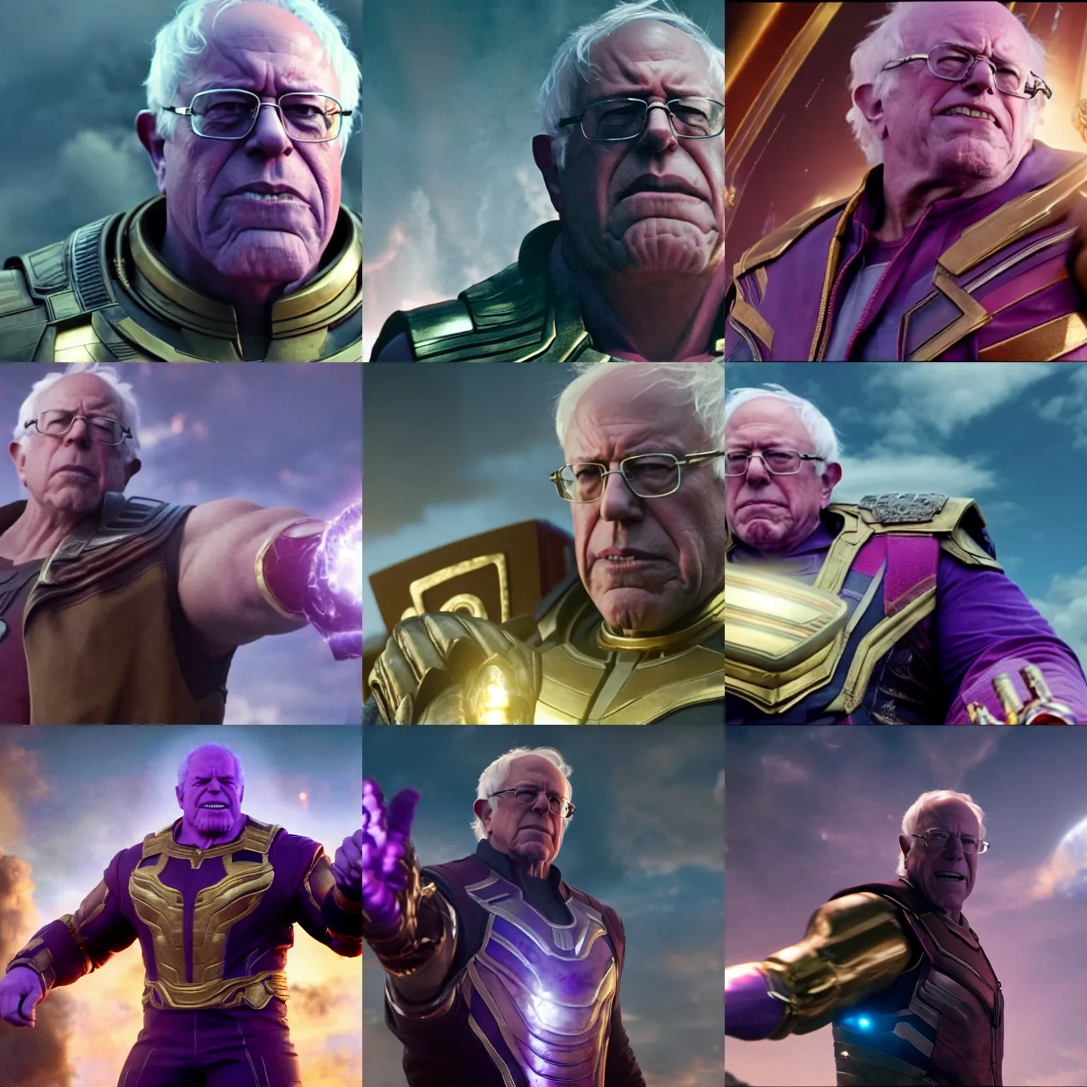 Prompt: film still of bernie sanders as thanos with the infinity gauntlet in infinity war movie, 8 k