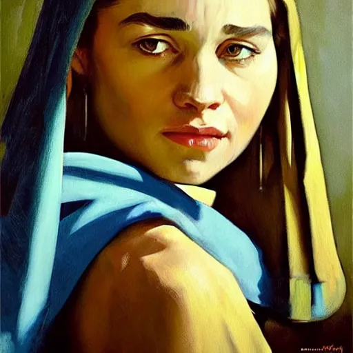 Image similar to greg manchess portrait painting of the boy with the pearl earring with the face of emilia clarke, medium shot, asymmetrical, profile picture, organic painting, sunny day, matte painting, bold shapes, hard edges, street art, trending on artstation, by huang guangjian and gil elvgren and gerald brom