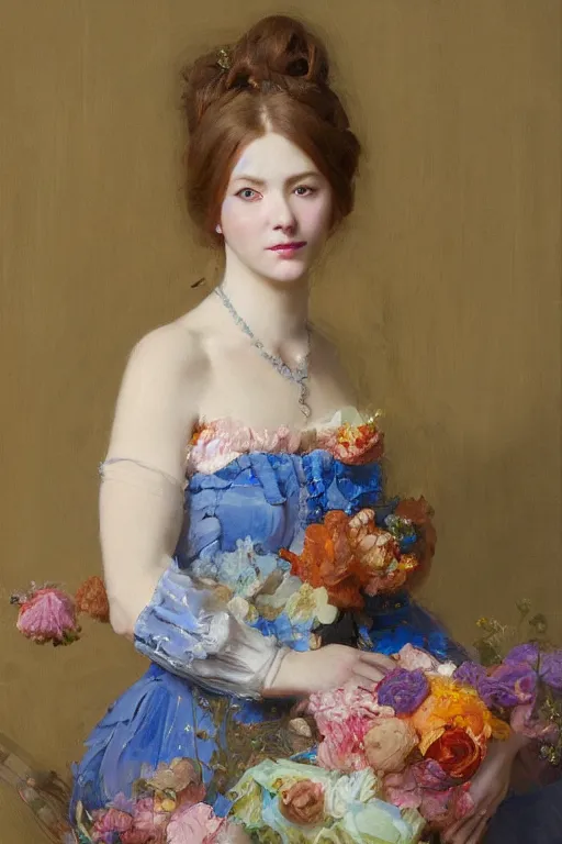 Prompt: a painting of a woman in a blue dress with a floral pattern, a colorful flowery character portrait by ruan jia, cgsociety, rococo, ilya kuvshinov, made of flowers, pre - raphaelite