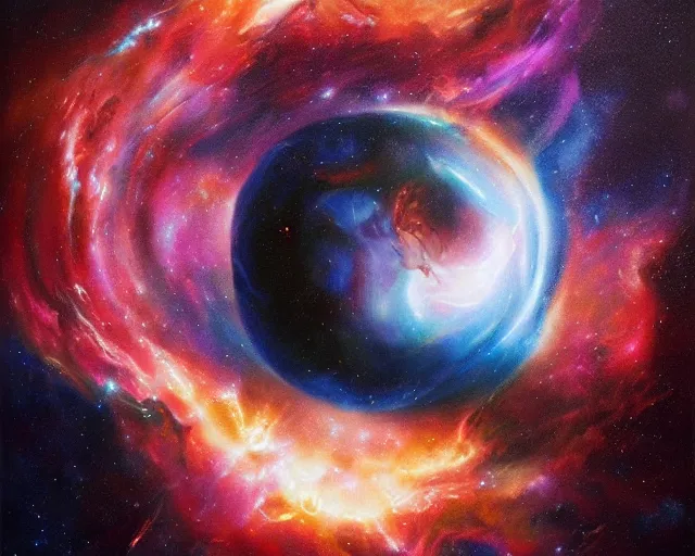 Image similar to cosmic basketball nebula, an oil painting, by ( leonardo da vinci ) and greg rutkowski and rafal olbinski ross tran airbrush time magazine