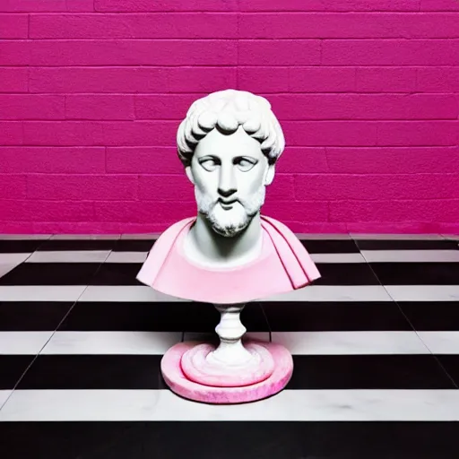 Image similar to a greco - roman marble bust sits on a pink and black checkerboard tile floor, a pink wall in the background with a framed photo of a cityscape at night, trending on bandcamp