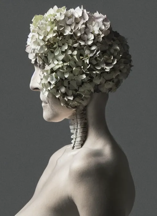 Prompt: a woman's face in profile, made of hydrangea skeleton, in the style of the dutch masters and gregory crewdson, dark and moody