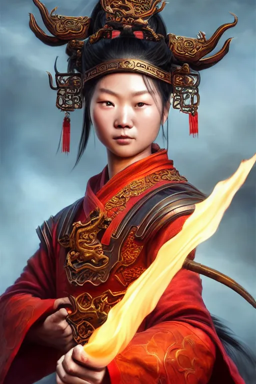 Image similar to charming nezha, highly detailed, man holding spear, flame everywhere, epic pose, masterpiece chinese fantasy character portrait, highly detailed, digital painting, trending on artstation, concept art, sharp focus, illustration, global illumination, ray tracing, realistic shaded, art by artgerm and greg rutkowski and fuji choko and viktoria gavrilenko and hoang lap