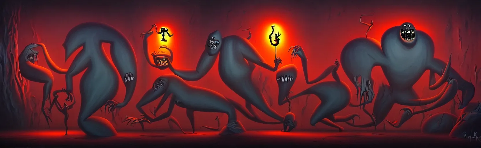 Image similar to uncanny monsters from the depths of the collective unconscious, dramatic lighting, surreal dark 1 9 3 0 s fleischer cartoon characters, surreal painting by ronny khalil