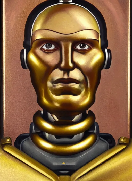 Prompt: Portrait Bust oil painting of an Old cyborg man by Jama Jurabaev with one Robot eye, Art Deco borders, Art Deco Background, Shiny, Metal, Diffused lighting, Gold, Cyborg DC, Brass, no glasses, Bust Portrait, Steam Punk, Wearing a worn out brown suit, extremely detailed, brush hard, brush strokes, Dorothea Lange, Migrant Mother, artstation