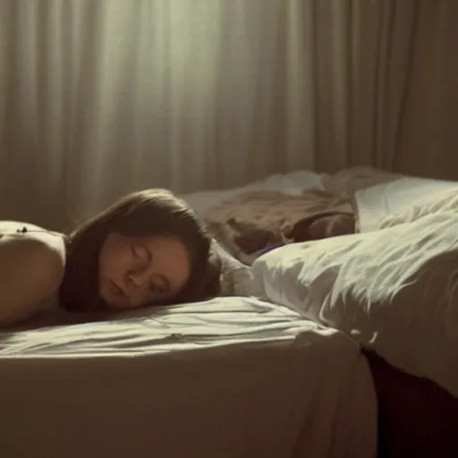 Image similar to movie still of a girl having sleep paralysis, cinematic composition, cinematic light, criterion collection, by edgar wright and edgar allan poe