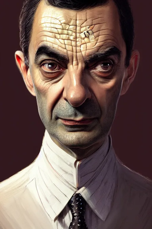 Image similar to highly detailed portrait of an elegant mr bean, ornate crown, beautiful symmetrical face, glowing skin, digital painting, artstation, concept art, smooth, clear focus, illustration, greg rutkowski, artgerm, global lighting, detailed and fantasy