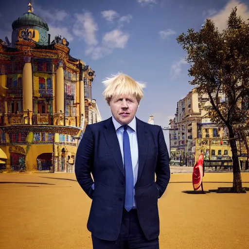 Image similar to boris johnson with peace symbol military helmet on, in kyiv, realistic, wide shot, sunny lighting, octane render, gq magazine, hyper realistic, high quality, highly detailed, hd, beautiful, cinematic, 8 k, unreal engine, facial accuracy,