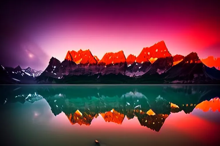 Image similar to amazing landscape photo of mountains with lake in sunset by marc adamus beautiful dramatic lighting