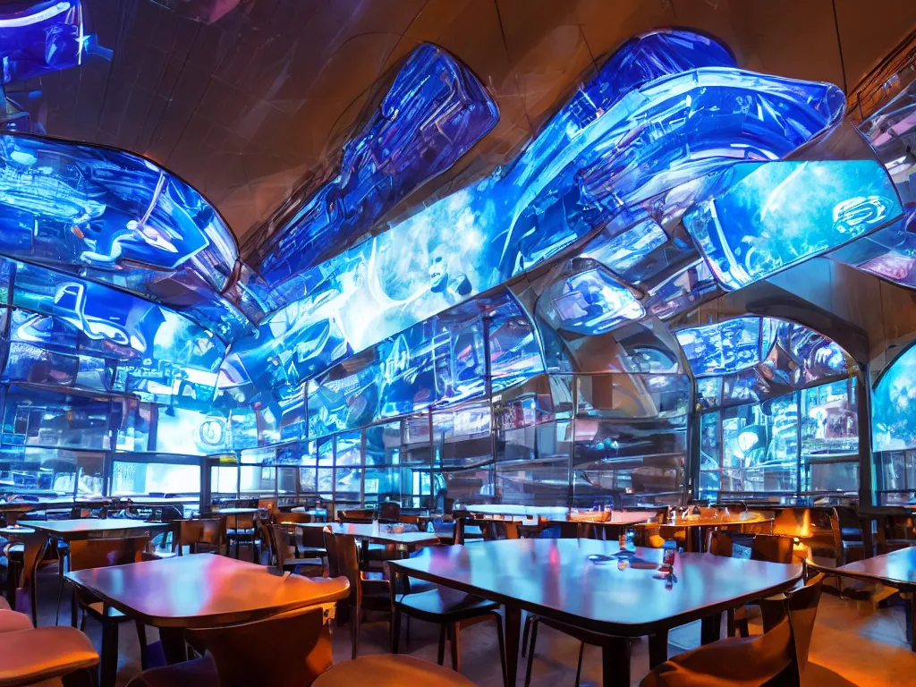 Image similar to visor with curved translucent screens projecting detailed sci - fi art, pixel perfect photograph, high contrast, volumetric lighting, thin glowing lights, restaurant, chairs, users, pair of keys