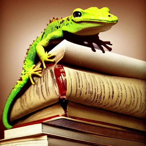 Image similar to the! gecko from geico commercials! on a table,! being crushed! by a stack of books