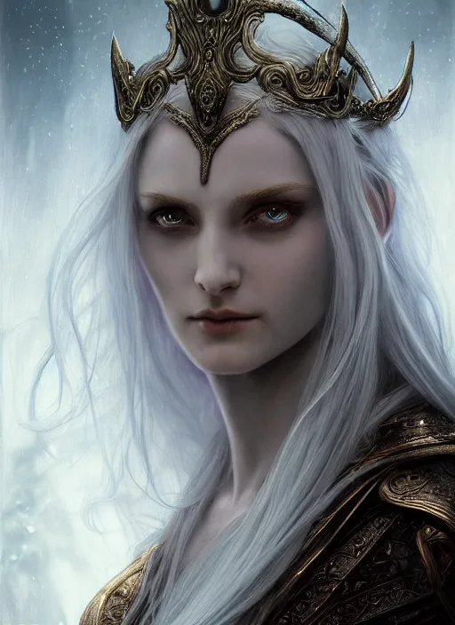 Image similar to immortal majestic elven sorceress wearing a cloak, long beautiful strands of pale white hair, engraving, concept art, elden ring, illustration, smooth, sharp focus, by gustave dore and greg rutkowski, hyper realistic face, piercing beautiful eyes, fantasy art, in the style of midjourney, intricate, alphonse mucha, hyper detailed