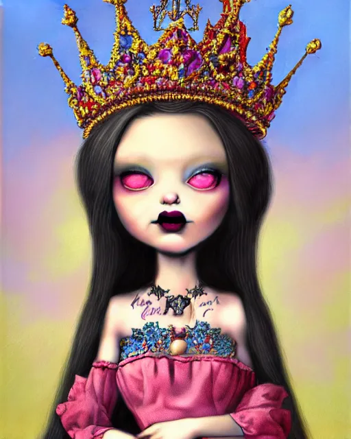 Image similar to closeup profile portrait of a tin toy goth fairytale princess wearing a crown and sitting on a throne, bikini, hyper realistic, artstation, illustration, concept art by nicoletta ceccoli, mark ryden, lostfish, dan decarlo, bob clampett, max fleischer, digital paint, matte paint, vivid colors, bright, cheerful, detailed and intricate environment