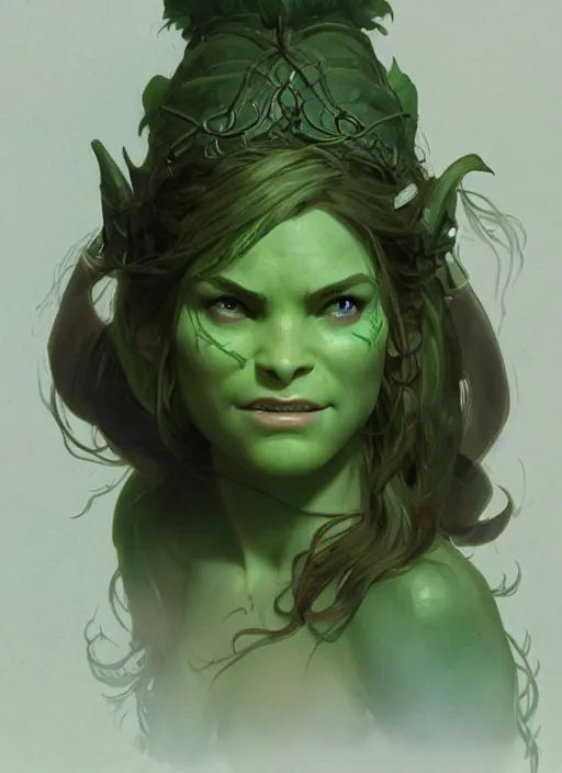 Image similar to a beautiful cute young green orc girl, D&D, fantasy, intricate, cinematic lighting, highly detailed, digital painting, artstation, concept art, smooth, sharp focus, illustration, art by Terry Moore and Greg Rutkowski and Alphonse Mucha