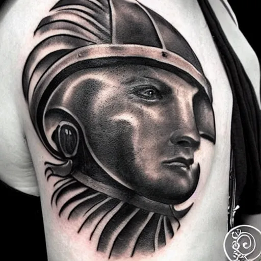 Prompt: A thracian helmet, tattoo, tattoo art, Black and grey tattoo style