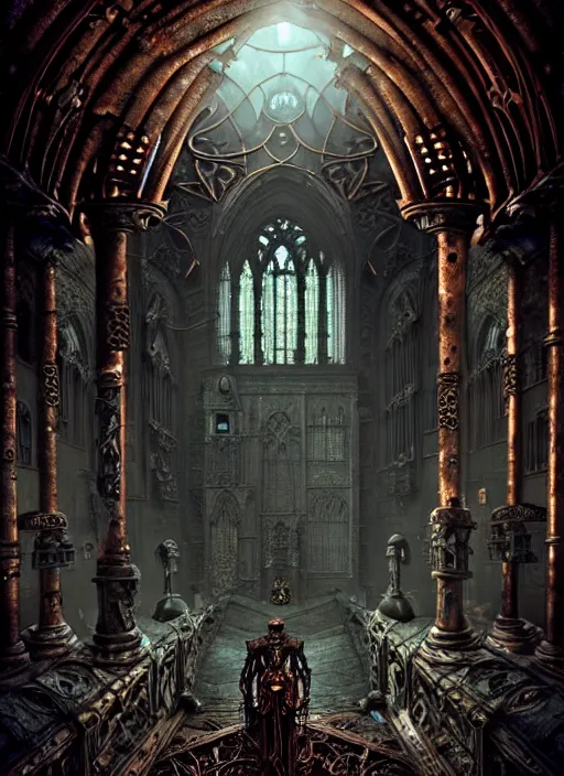 Image similar to steam necropolis, memento mori, gothic, neo - gothic, art nouveau, hyperdetailed copper patina medieval icon, stefan morrell, philippe druillet, ralph mcquarrie, concept art, steampunk, unreal engine, detailed intricate environment, octane render, moody atmospherics, volumetric lighting, ultrasharp, ominous, otherworldly