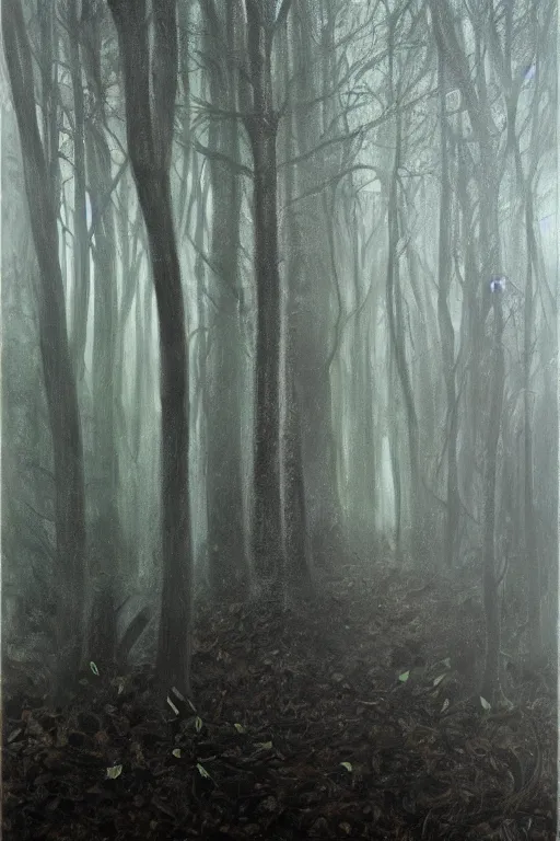 Image similar to dark haunted woods. pan's labyrinth style, atmospheric, foggy, oil painting on canvas. fairytale