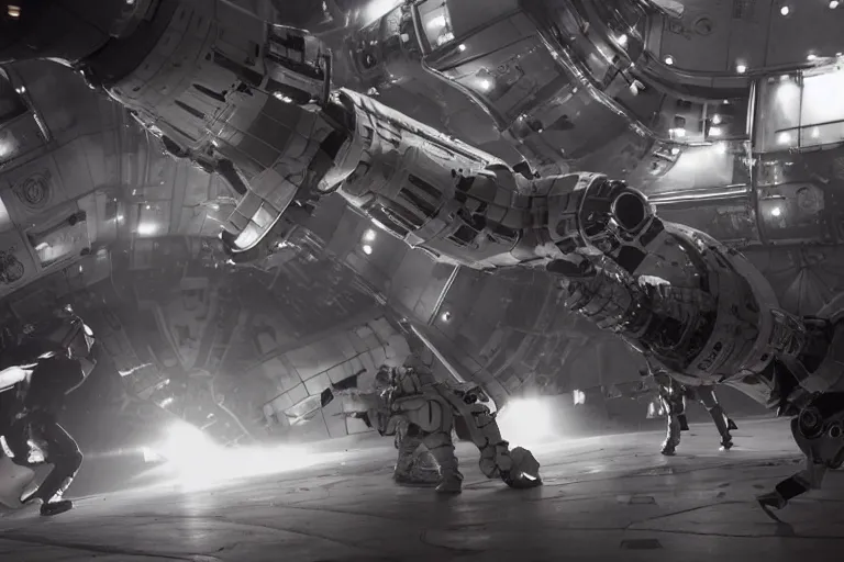 Image similar to sci-fi armored cosplay combat in space-station arena by Roger Deakins