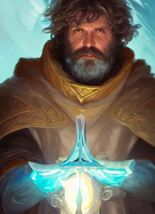 Image similar to Middle-aged paladin with a glowing teal halberd, Glowing white eyes, shaggy hair, sad, scruffy beard, dungeons and dragons portrait, highly detailed, digital painting, artstation, concept art, sharp focus, illustration, art by artgerm and greg rutkowski and alphonse mucha, Unreal Engine, 8k, HD