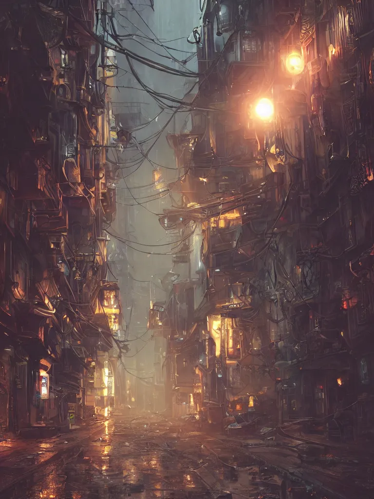 Image similar to steampunk futuristic street, hanging cables, narrow, garbage on the ground. rain. fog, haze, evening. led screens. golden hour. volumetric lighting. cables on the ground. very messy. futuristic. photorealistic. artstation. anime. studio gimbli style