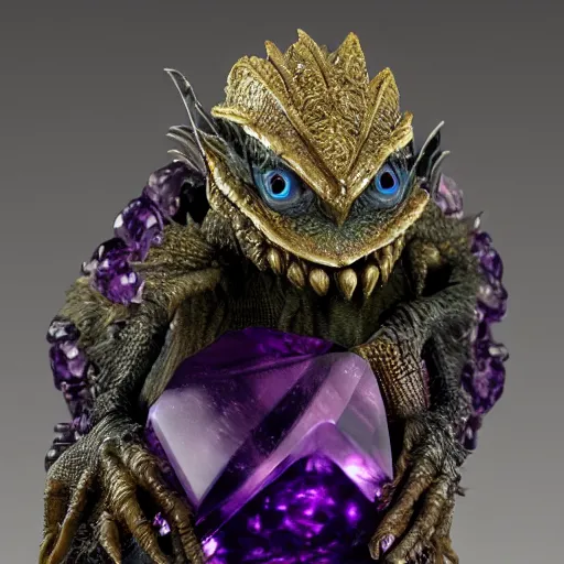 Image similar to zergling skeksis from the dark crystal wearing golden talismans and amethyst crystals. dark undertones. diffuse volumetric lighting.