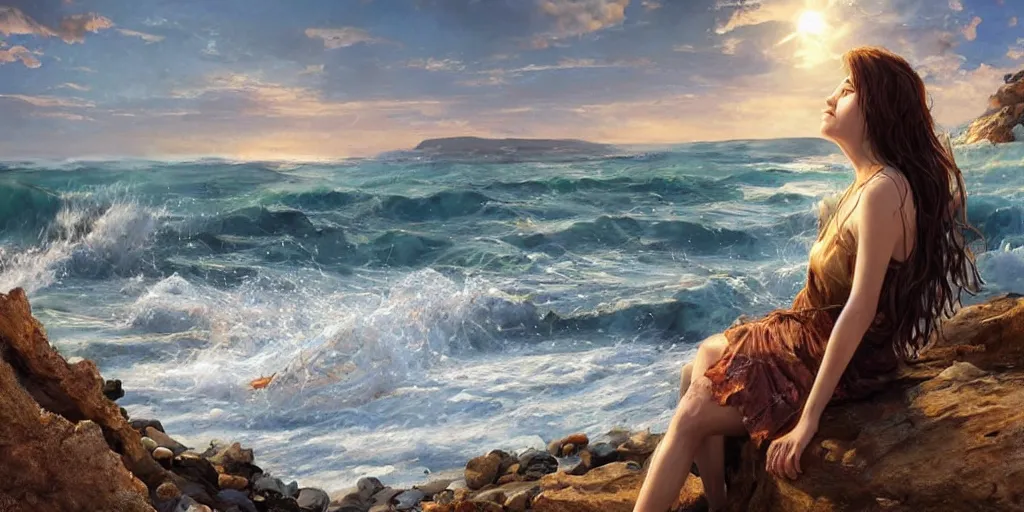 Prompt: ! dream long shot of big sun rough sea and jagged rocks nets, plastic bottles, garbage, sand and sea, with a beautiful girl on the rocks, golden hour, fantasy, hyper realistic, artstation, art by artgerm and sangsoo jeong and john william waterhouse