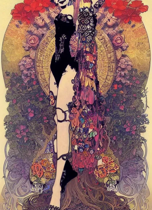 Image similar to cute punk goth fashion fractal Día de los Muertos tattooed blonde girl posing, psychedelic poster art of by Victor Moscoso Rick Griffin Alphonse Mucha Gustav Klimt Ayami Kojima Amano Charlie Bowater, masterpiece