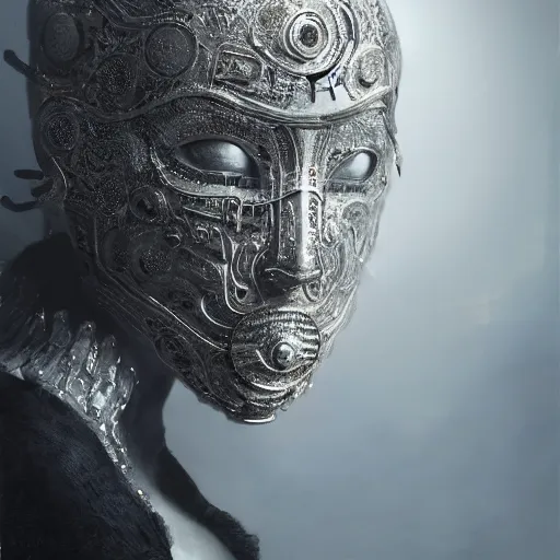 Image similar to Very very very very highly detailed epic central composition studio photography of face with venetian mask, intricate, dystopian, sci-fi, extremely detailed, digital painting, artstation, concept art, smooth, sharp focus, illustration, intimidating lighting, incredible art by Tokujin Yoshioka and Anton Pieck