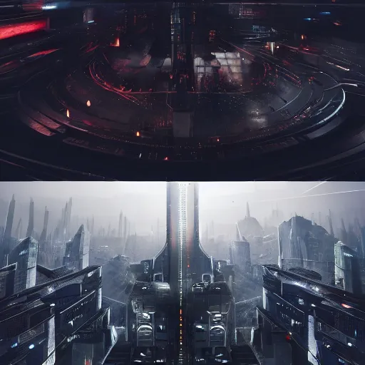 Prompt: an epic conflict between two sides above an imperialistic futuristic city, utopia, gloomy, symmetrical, firm, blank, lifeless, detailed, realistic, 8 k, cyberpunk