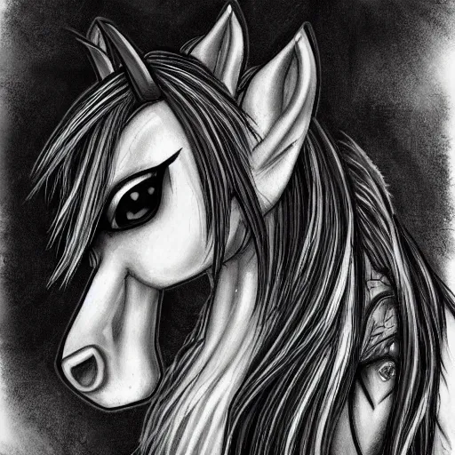 Image similar to my little pony portrait with dark fantasy style, black and white