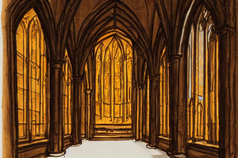 Prompt: a very detailed architectural sketch of of a cathedral interior on a textured brown paper, windows bright with orange and yellow color spilling on the floor