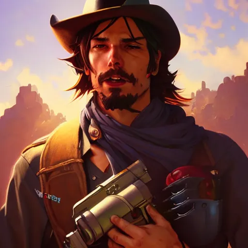 Prompt: Jesse McCree by Stanley Artgerm Lau, greg rutkowski, thomas kindkade, alphonse mucha, loish, Norman Rockwell, Overwatch, upper body, muscular, cowboy, concept art, game art, digital painting, digital art, portrait