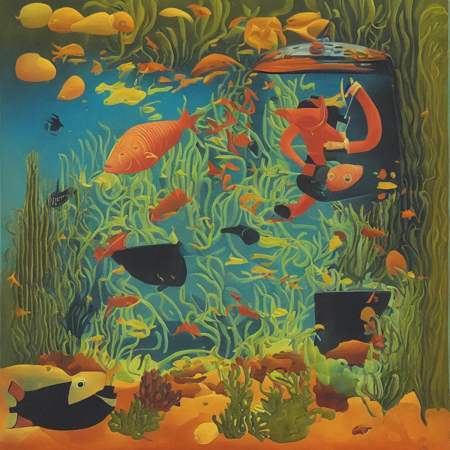 Prompt: “painting of a scuba diver swimming in a fish bowl . the bowl is standing in the desert, style of henri rousseau”