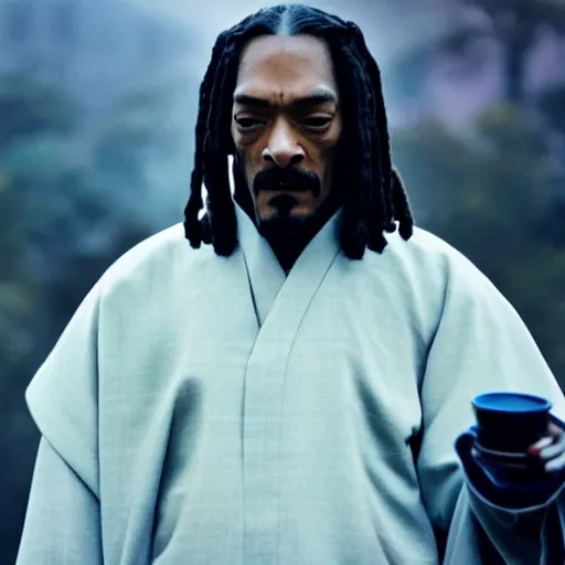 Image similar to cinematic film still of Snoop Dogg starring as a Samurai holding fire, Japanese CGI, VFX, 2022, 40mm lens, shallow depth of field, film photography