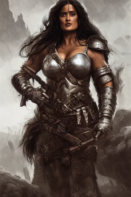 Image similar to portrait, Salma Hayek , barbarian , dressed in steel armor, face portrait, raphael lacoste, eddie mendoza, alex ross, concept art, matte painting, highly detailed, rule of thirds, dynamic lighting, cinematic, detailed, denoised, centred