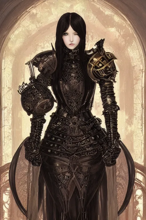 Prompt: beautiful luxury and gothic and victorian and evil young female medieval black armor knight portrait like lisa blackpink+smoky eyes+front face with light flowing hair, ultradetail face, art and illustration by tian zi and craig mullins and WLOP and alphonse mucha, ssci-fi, fantasy, intricate complexity, human structure, hypermaximalist, fantasy character concept, dynamic lighting, neon light, watermark, blurry, hyperrealism 8k