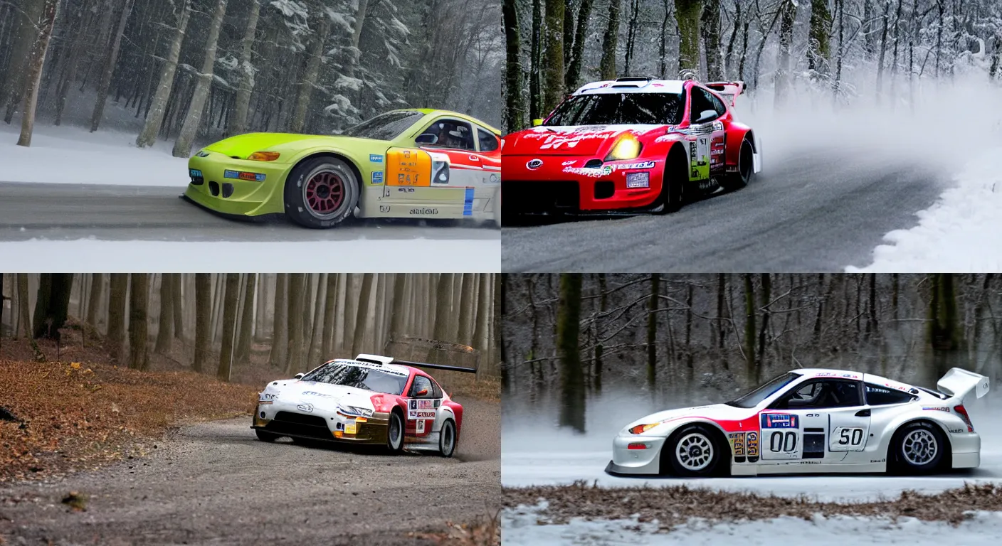 Prompt: a 2 0 0 3 nissan fairlady z gt 3 0 0, racing through a rally stage in a snowy forest