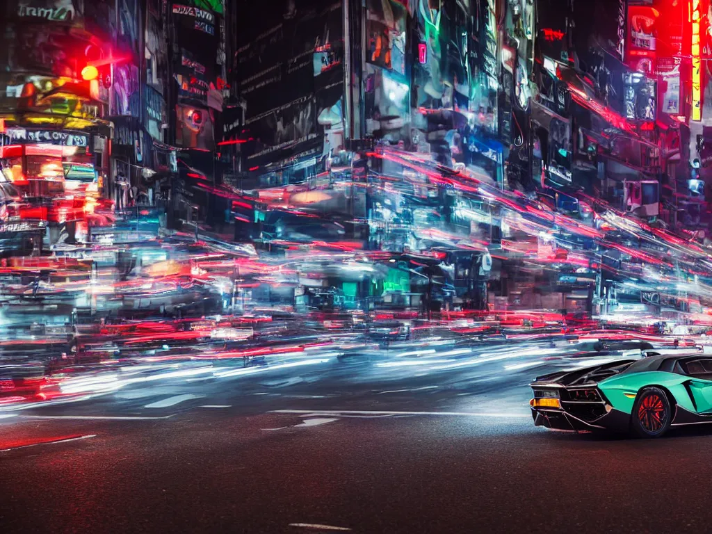 Prompt: a Photorealistic hyperdetailed hyper realistic dramatic moody Low angle night time close up render of a Lamborghini Aventador speeding in the middle of busy shibuya crossing Tokyo, Bright vibrant colors with multiple long light trails, Beautiful dramatic moody tones and lighting, cinematic atmosphere, photorealism, 8K