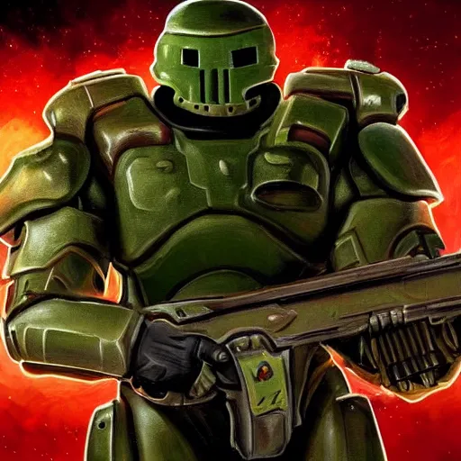 Image similar to doomguy in fornite, artstation hall of fame gallery, editors choice, # 1 digital painting of all time, most beautiful image ever created, emotionally evocative, greatest art ever made, lifetime achievement magnum opus masterpiece, the most amazing breathtaking image with the deepest message ever painted, a thing of beauty beyond imagination or words