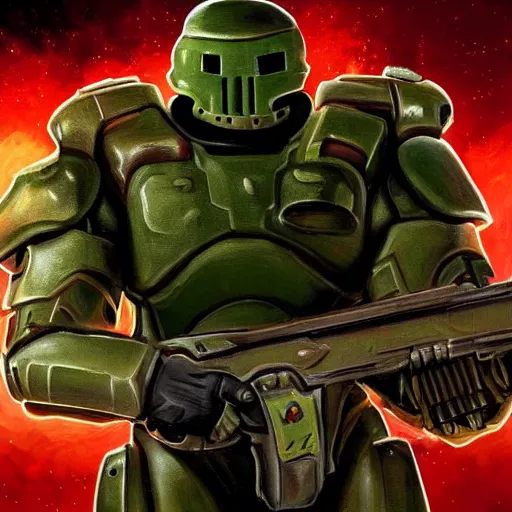 Prompt: doomguy in fornite, artstation hall of fame gallery, editors choice, # 1 digital painting of all time, most beautiful image ever created, emotionally evocative, greatest art ever made, lifetime achievement magnum opus masterpiece, the most amazing breathtaking image with the deepest message ever painted, a thing of beauty beyond imagination or words