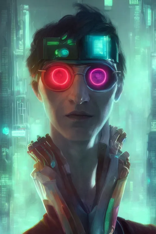 Image similar to Portrait of cyborg Harry Potter in cyberpunk, neon lighting, digital art from artstation by Ruan Jia and Mandy Jurgens and Artgerm and william-adolphe bouguereau and Greg Rutkowski and Wayne Barlowe