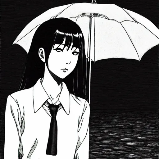 Image similar to Junji Ito’s Tomie drawn by Makoto Shinkai