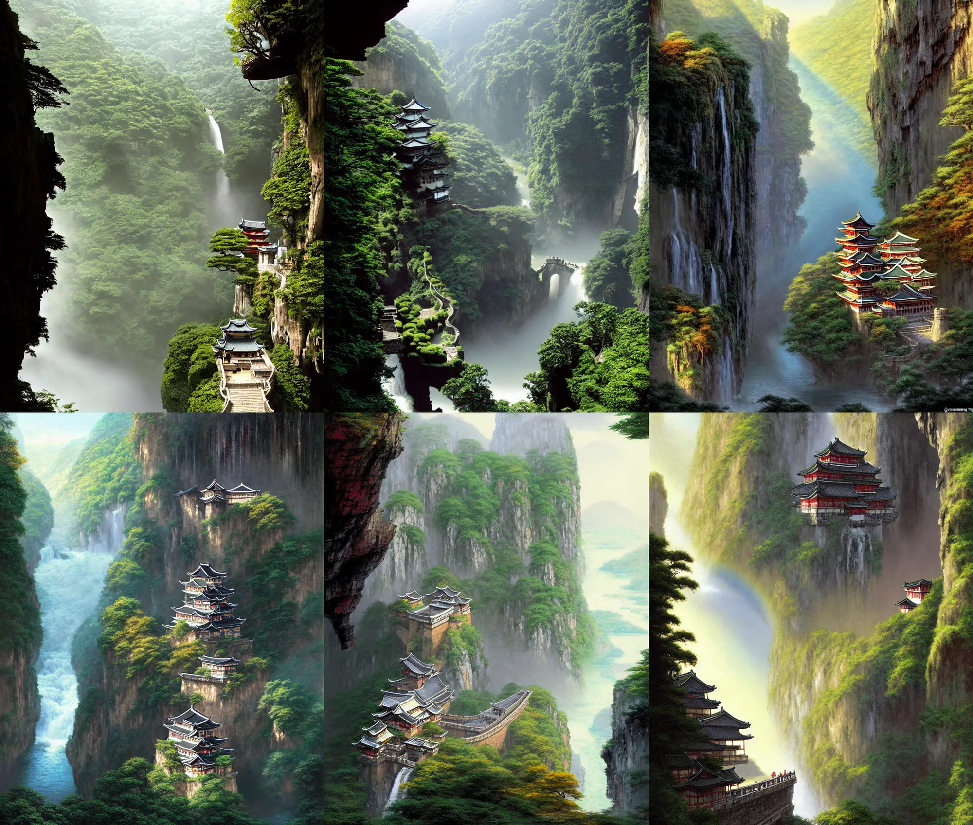 Image similar to establishing wide shot inside han son doong with waterfalls on either side of the cliff walls, at the top of the cliff is a japanese castle, a cloister is built into the cliff walls, an old suspension bridge spans the walls, sunny morning light, sunbeam, saturated colors, detailed digital concept art by greg rutkowski and gerald brom and james gurney