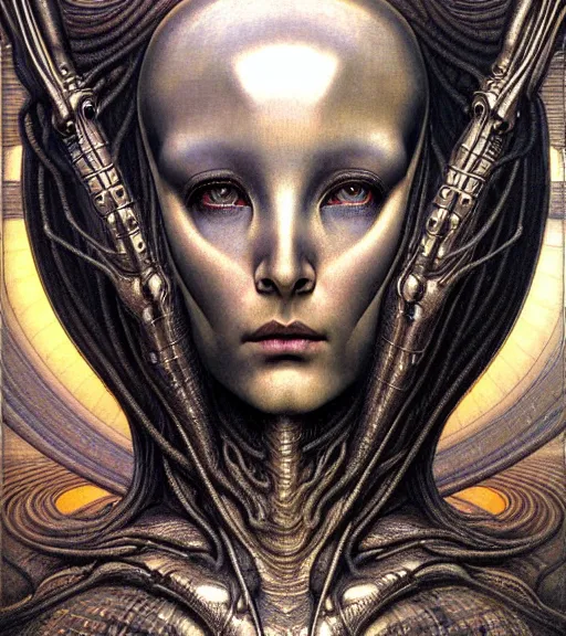 Image similar to detailed realistic beautiful young cher alien robot as queen of mars face portrait by jean delville, gustave dore and marco mazzoni, art nouveau, symbolist, visionary, gothic, pre - raphaelite. horizontal symmetry by zdzisław beksinski, iris van herpen, raymond swanland and alphonse mucha. highly detailed, hyper - real, beautiful