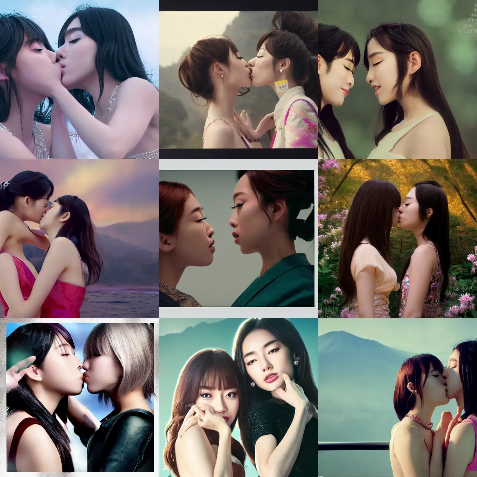Prompt: unbelievably beautiful, perfect, dynamic, epic, cinematic 8 k hd movie shot, kiss of two japanese beautiful cute young j - pop idols av actresses girls, they kiss each other. motion, vfx, inspirational arthouse, high budget, hollywood style, at behance, at netflix, with instagram filters, photoshop, adobe lightroom, adobe after effects, taken with polaroid kodak portra
