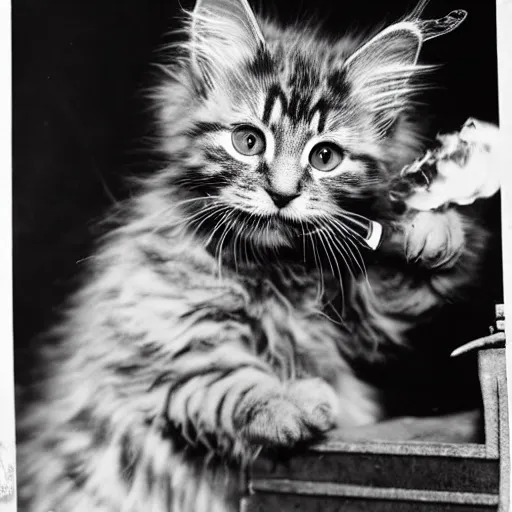 Prompt: close up of a maine coon kitten smoking a sigar, ww 2, black & white