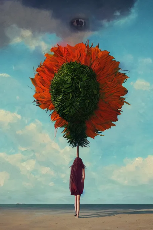 Image similar to portrait, giant flower head, a girl on beach, surreal photography, wind and cold, dramatic sky, impressionist painting, digital painting, artstation, simon stalenhag