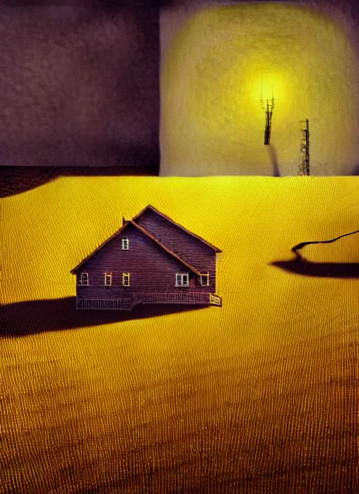 Prompt: hyper detailed 3d render like a Oil painting - the lonely living room, light and shadow, yellow wheat fields and electric poles outside, by Jacek Yerka, Mariusz Lewandowski, Houdini algorithmic generative render, Abstract brush strokes, Masterpiece, Edward Hopper and James Gilleard, Zdzislaw Beksinski, Mark Ryden, Wolfgang Lettl, hints of Yayoi Kasuma, octane render, 8k