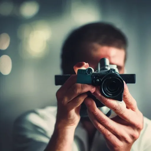 Prompt: An atmospheric close up photo of A man sticking a gun in the camera, bokeh, Polaroid, masterpiece